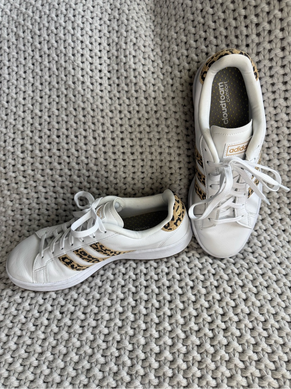 adidas White Women's Sneakers with Leopard Stripe Accents